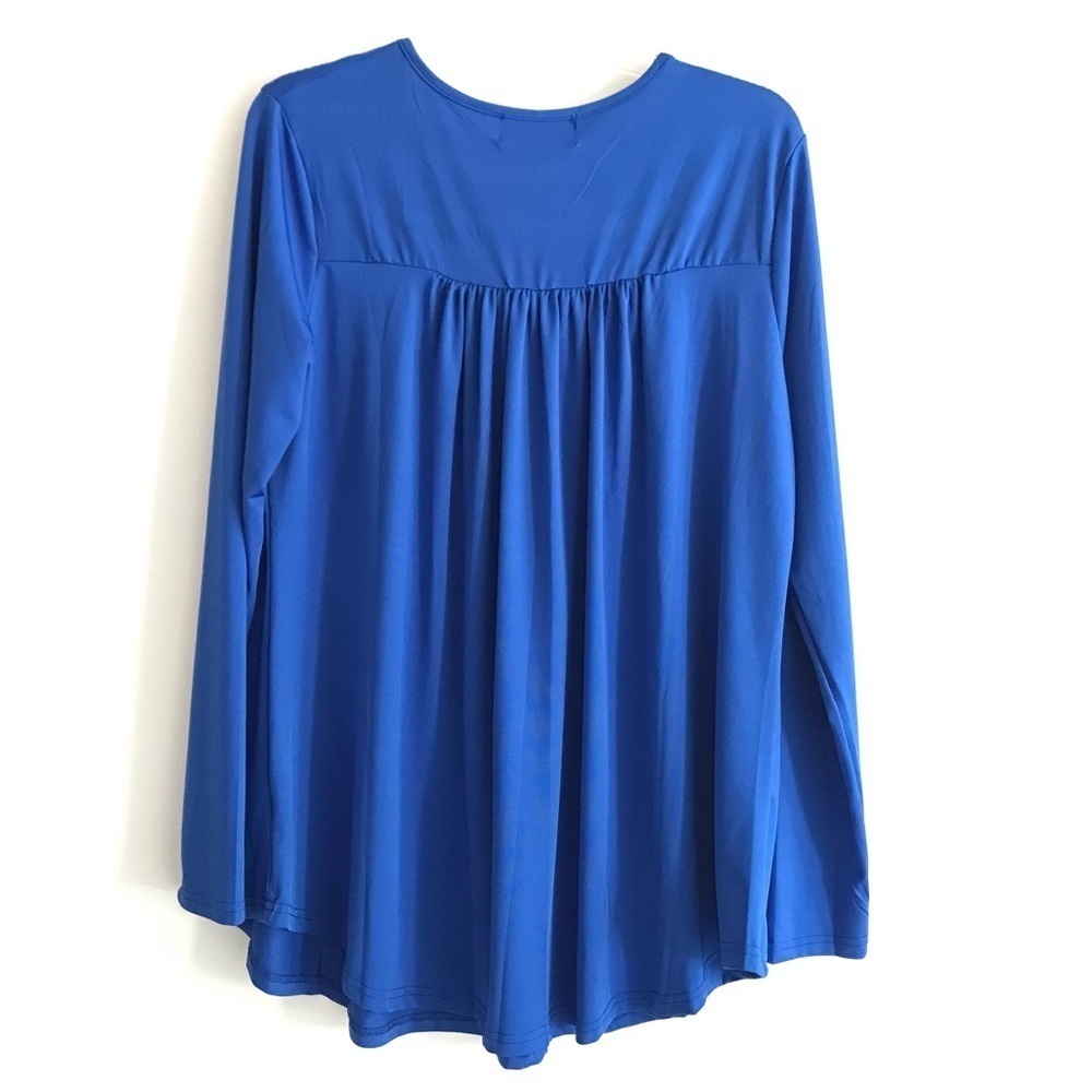 Maggie Tang | Popover Top Womens XL Blue Pong Sleeves Stretch Scoop Neck - Picture 2 of 9